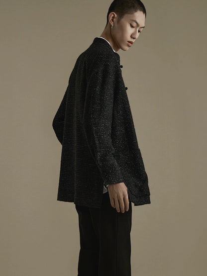 OWNLIFE wool tweed Tang black stand-up collar buckle jacket  - DREW.