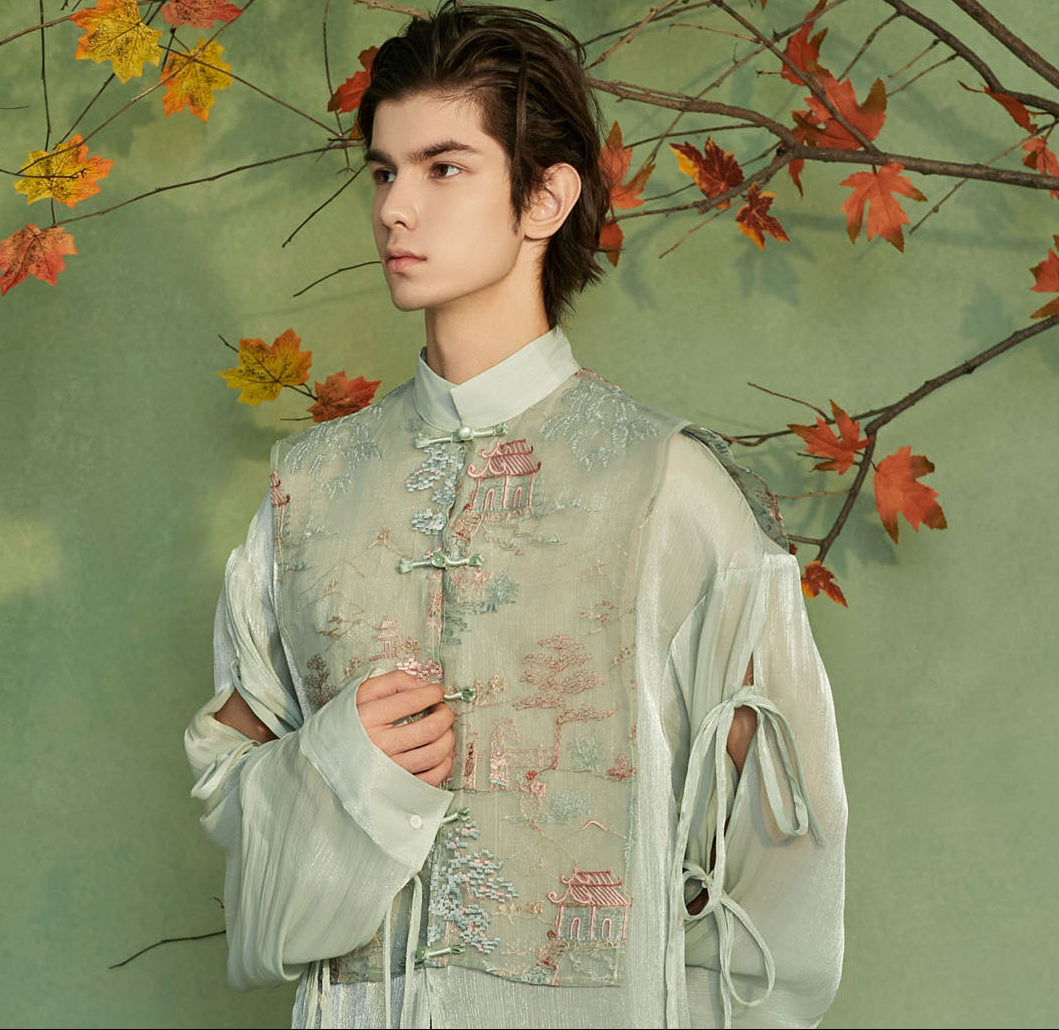 JIECHI  loose emerald green embroidered long-sleeved shirt - UMBER.
