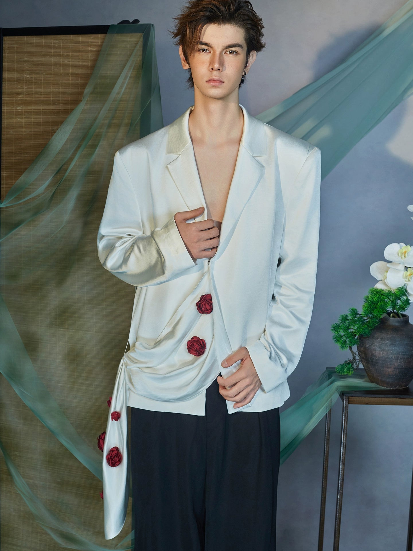 JIECHI white casual loose embellished blazer - GENA.