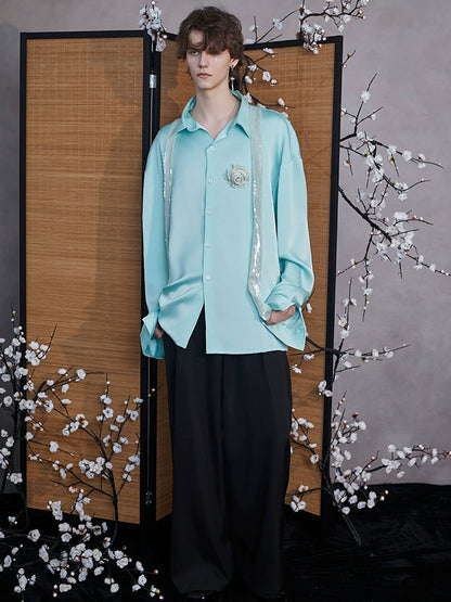 JIECHI  blue high-end loose long-sleeved satin unisex shirt - KELAN.
