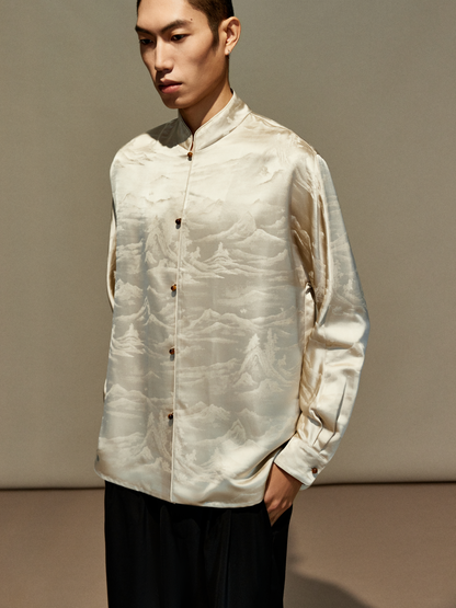 OWNLIFE jacquard stand-up collar placket natural jade buckle shirt - DAVID.