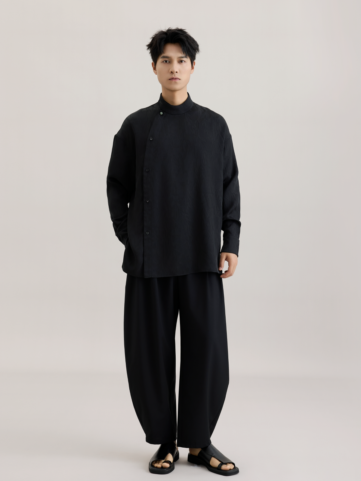 OWNLIFE bamboo hair jade placket slant lapel jacquard shirt - FINLEY.