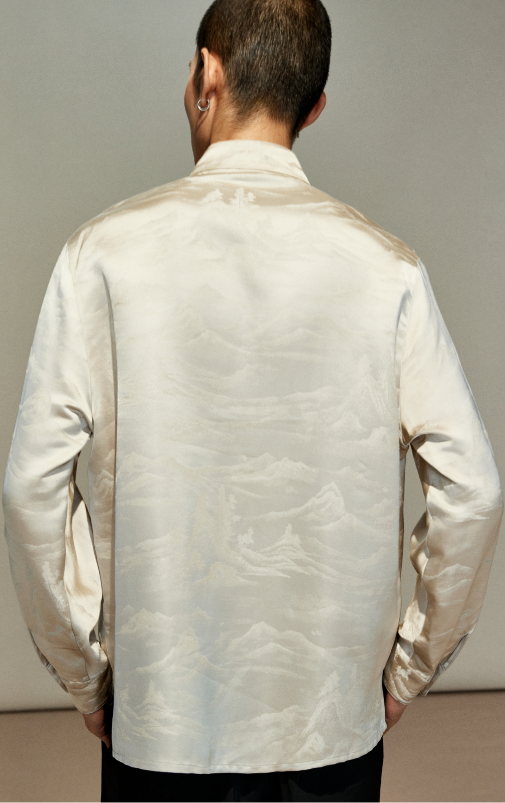 OWNLIFE jacquard stand-up collar placket natural jade buckle shirt - DAVID.