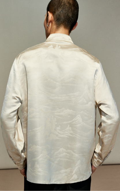 OWNLIFE jacquard stand-up collar placket natural jade buckle shirt - DAVID.