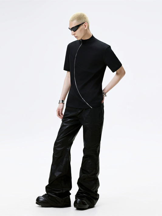 FRKM SCD Small Neckline Stretch Fabric Solona Curved Zipper T-Shirt - KELLY.