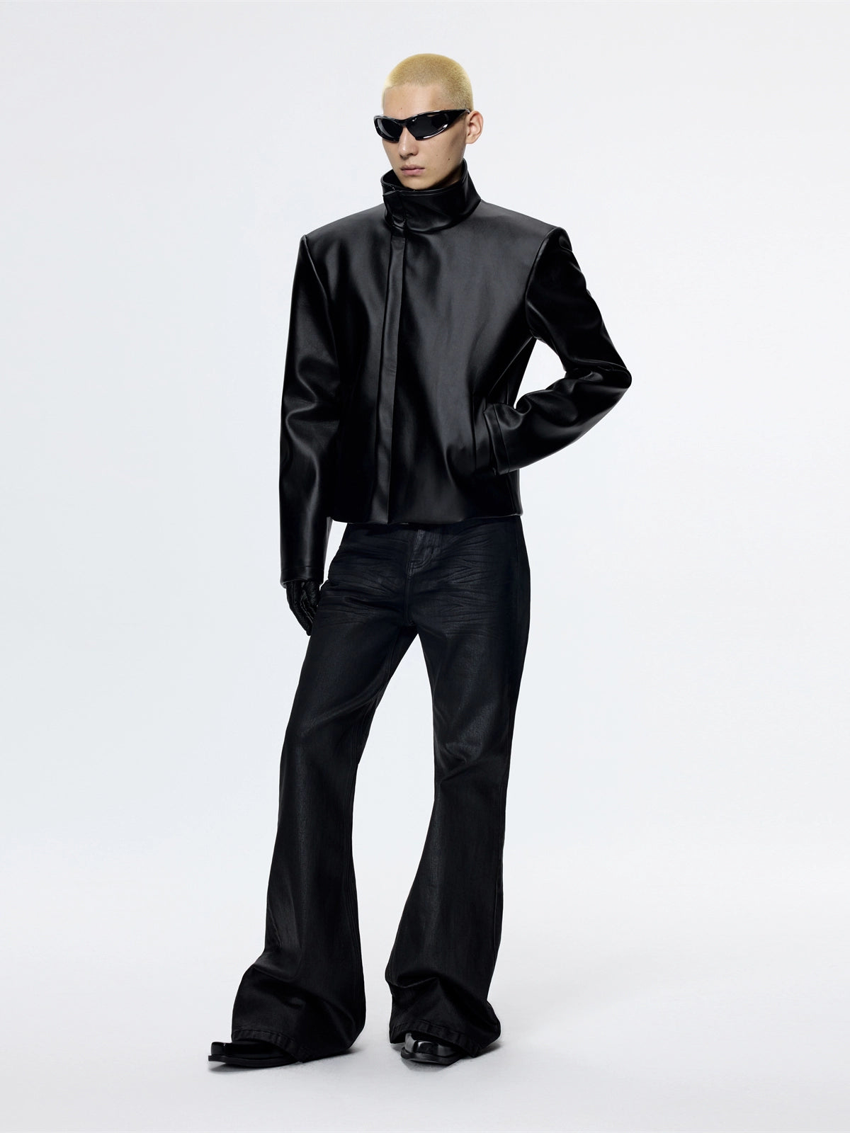 FRKM SCD Stiff Stand Up Collar Cropped Motorcycle Leather Jacket - REGAN.