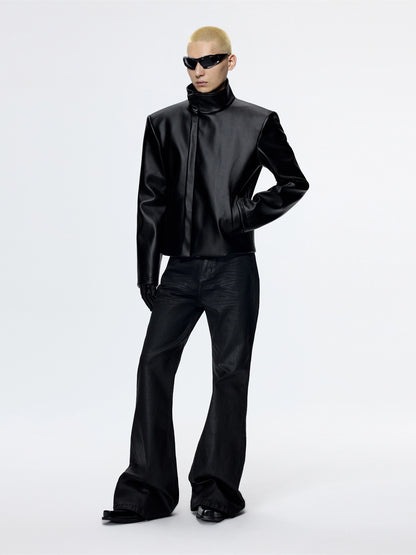 FRKM SCD Stiff Stand Up Collar Cropped Motorcycle Leather Jacket - REGAN.