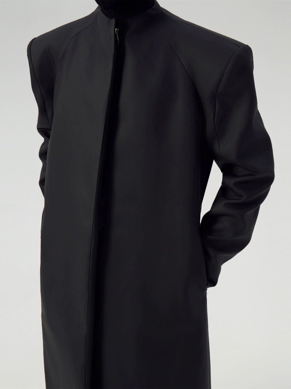 FRKM SCD Matte Coated Black Padded Shoulders Long Trench Coat - YASH.