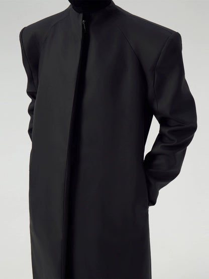 FRKM SCD Matte Coated Black Padded Shoulders Long Trench Coat - YASH.