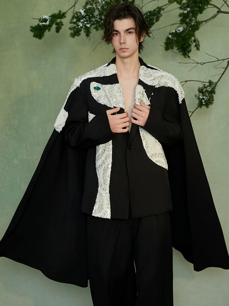 JIECHI  Black Cape Abstract Pattern Blazer - LYON.