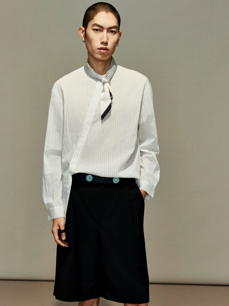 OWNLIFE Tencel striped shirt stand-up collar placket slightly dropped shoulders men's cool summer style - TREY