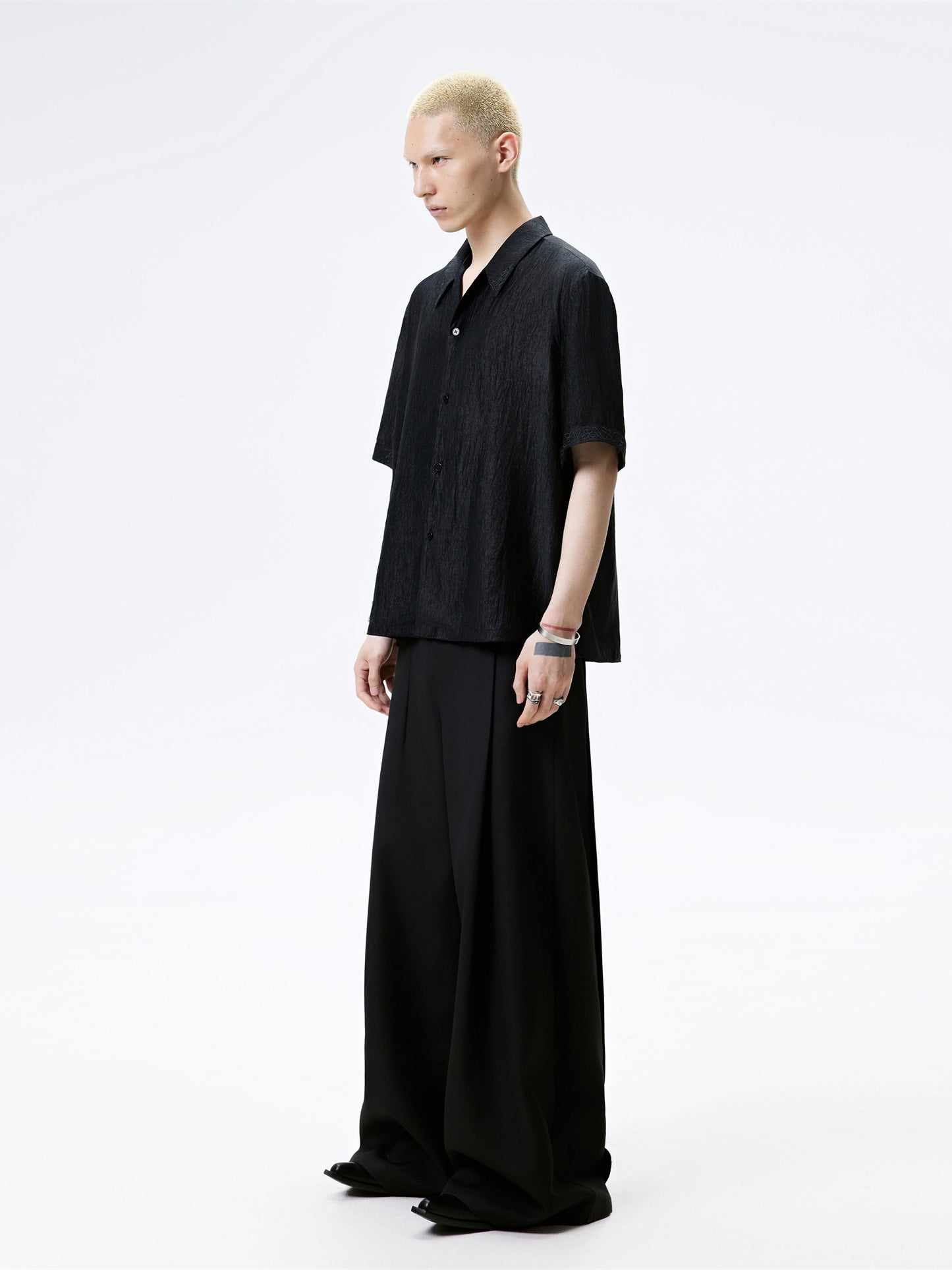 FRKM SCD Textured Black Pleated Drape Embroidered Loose Top - ISABEL.