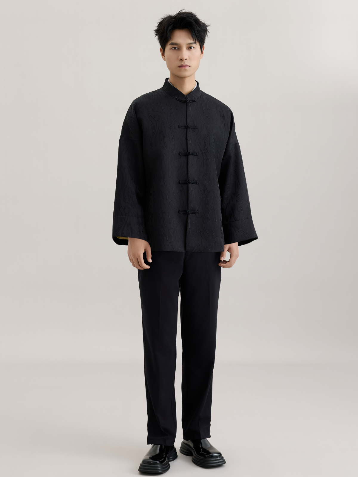 OWNLIFE  jacquard stand collar black coat - BARRY.
