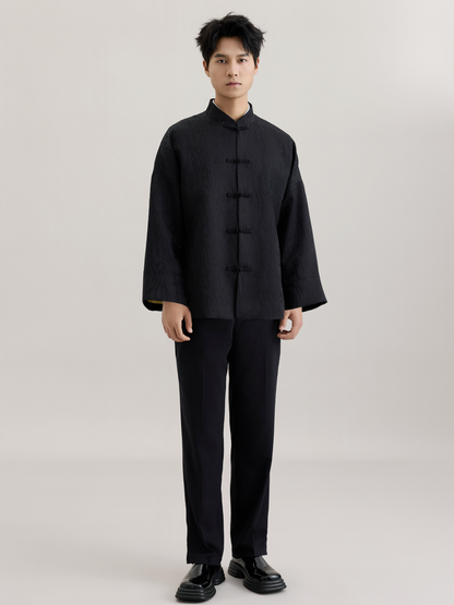 OWNLIFE  jacquard stand collar black coat - BARRY.