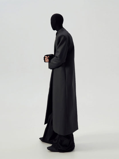 FRKM SCD Matte Coated Black Padded Shoulders Long Trench Coat - YASH.