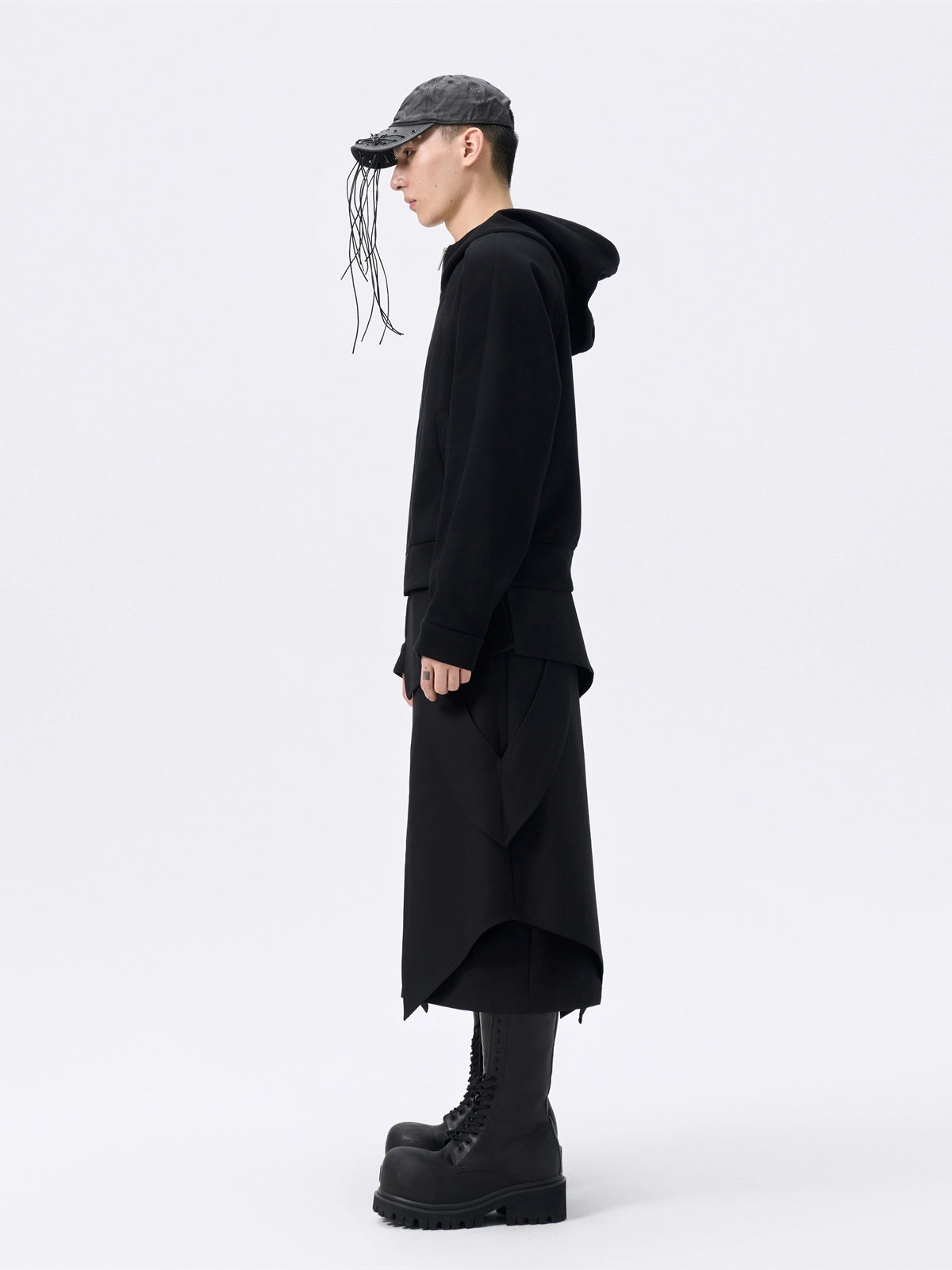 FRKM SCD Deconstructed Zippered Cropped Black Loose Hoodie - KAISEN.