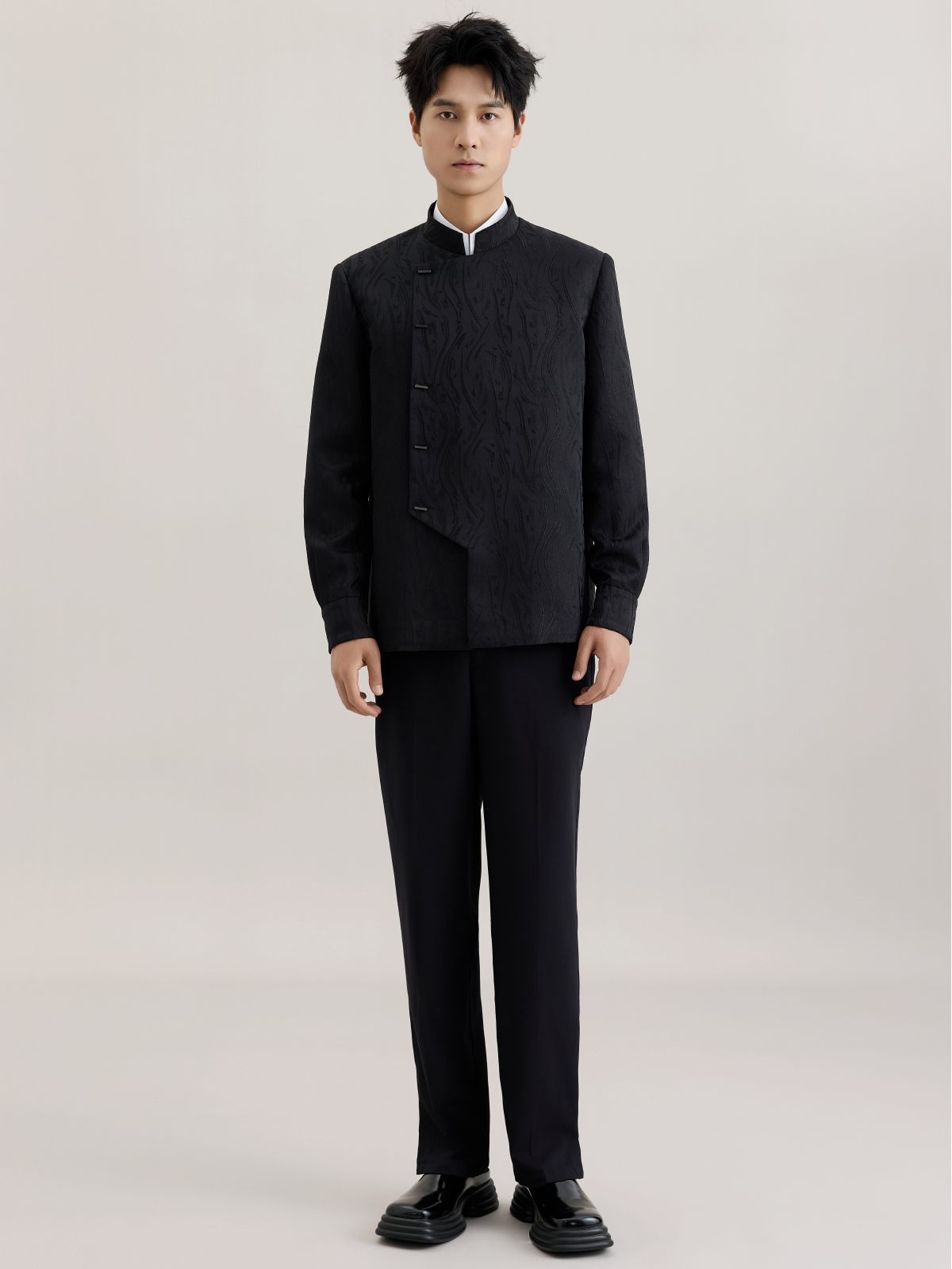 OWNLIFE stand-up collar willow leaf jacquard jacket suit set - DIDI.