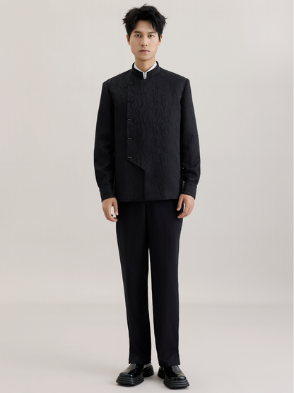 OWNLIFE stand-up collar willow leaf jacquard jacket suit set - DIDI.