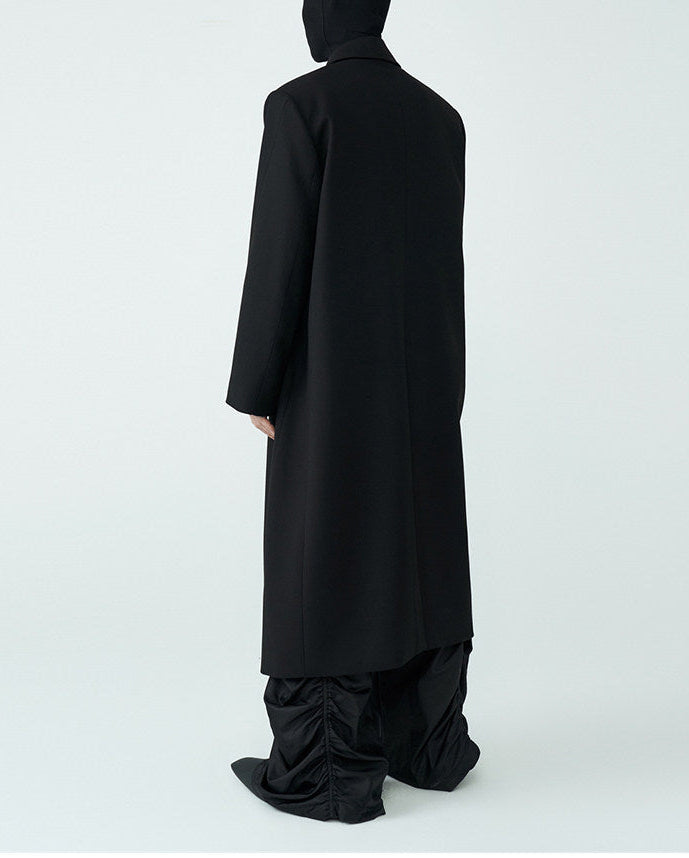 FRKM SCD SS Wool Unbuttoned Loose Shoulder Padded Midi Patchwork Black Coat - LEVI.