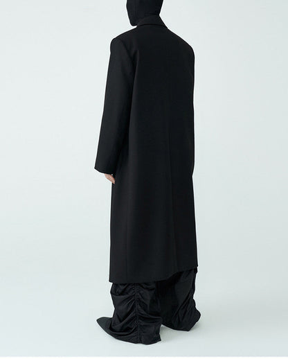 FRKM SCD SS Wool Unbuttoned Loose Shoulder Padded Midi Patchwork Black Coat - LEVI.