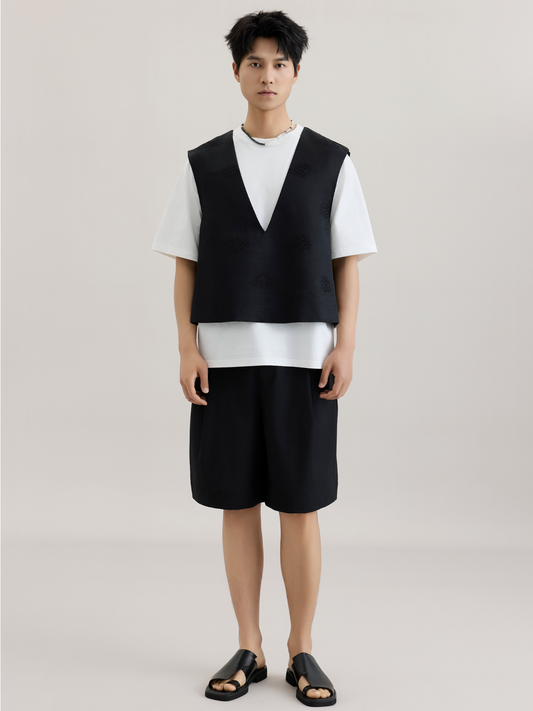 OWNLIFE silk swastika cloud pattern brocade v-neck vest - FAE.