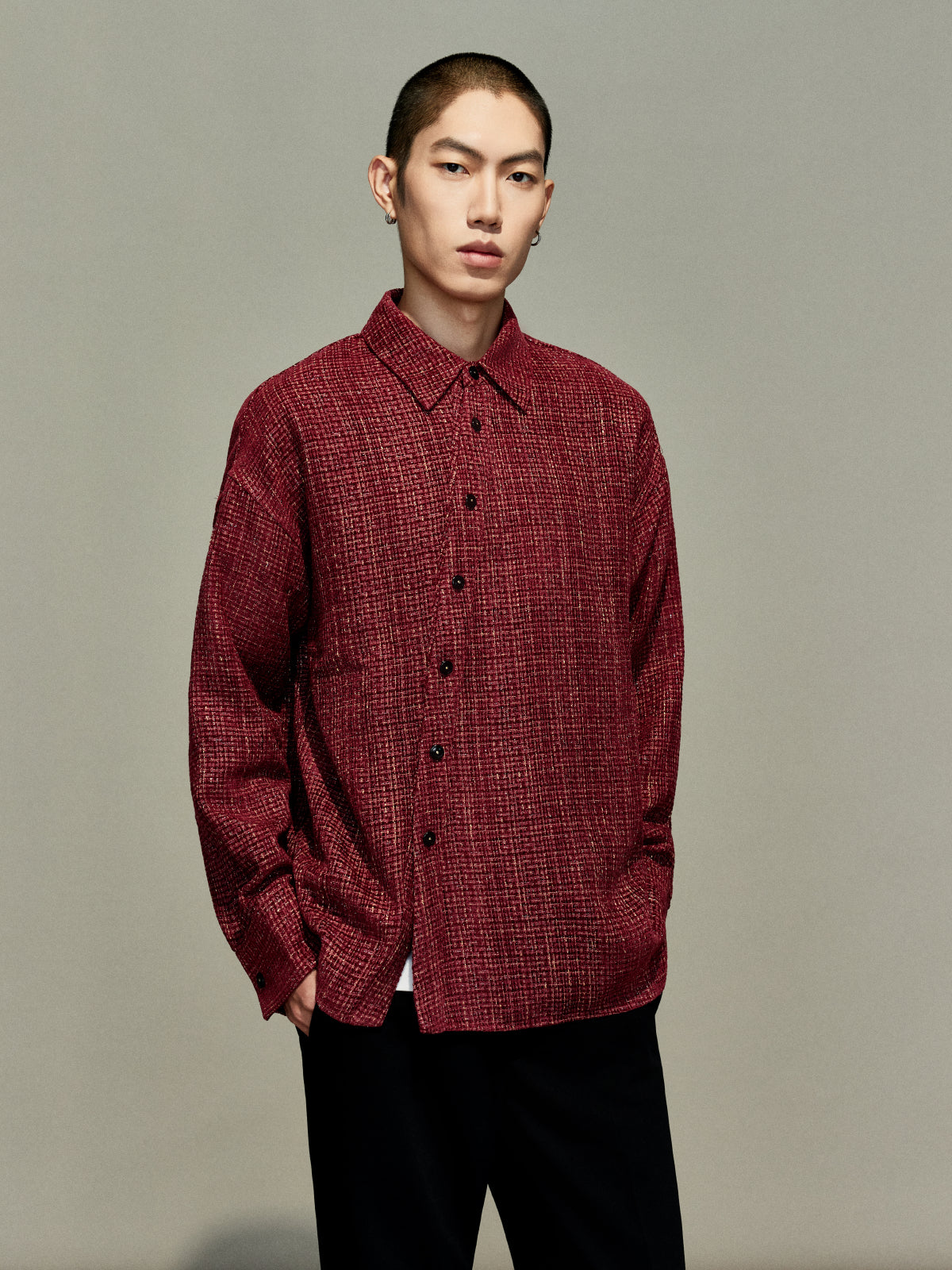 OWNLIFE flowing streamer tweed stand-up collar slinger shirt - SEREPH.