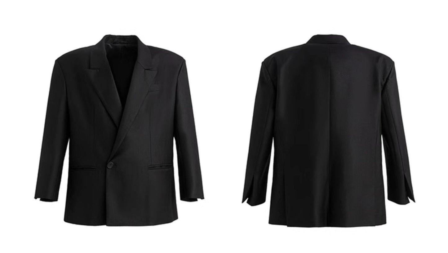 FRKM SCDSS Silhouette Black Padded Shoulders Casual Cropped Drapy Blazer - YORK.