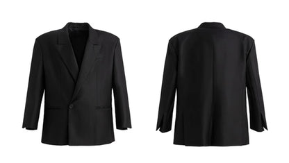 FRKM SCDSS Silhouette Black Padded Shoulders Casual Cropped Drapy Blazer - YORK.