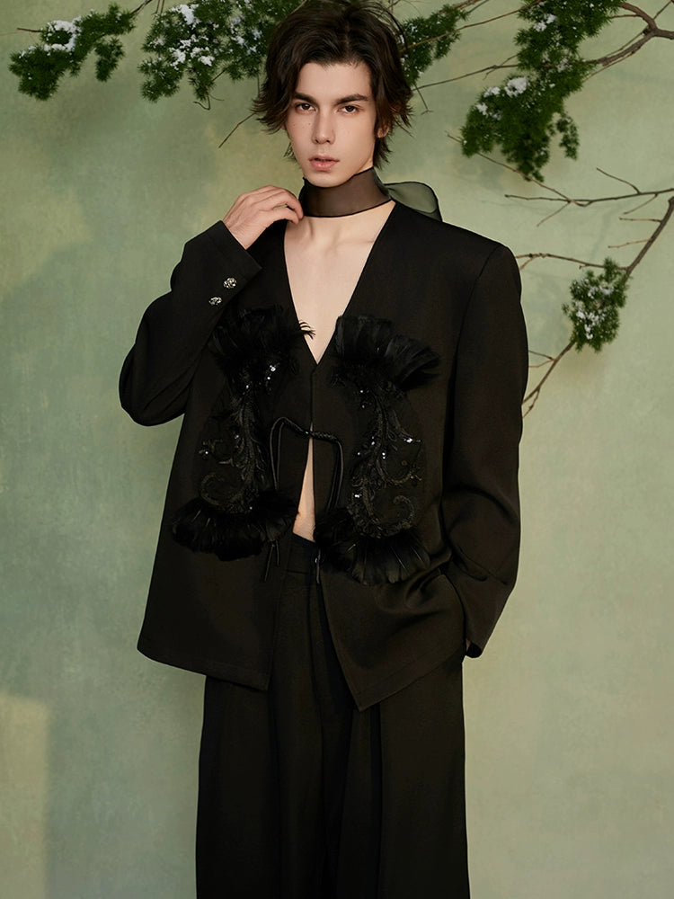 JIECHI  appliqué loose collarless buckle coat - GAVIN.