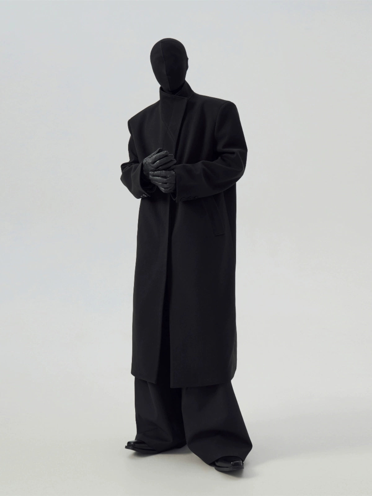 FRKM SCD Stand Collar Black Tweed Padded Shoulder Trench Coat - WARNER.