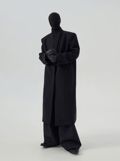 FRKM SCD Stand Collar Black Tweed Padded Shoulder Trench Coat - WARNER.