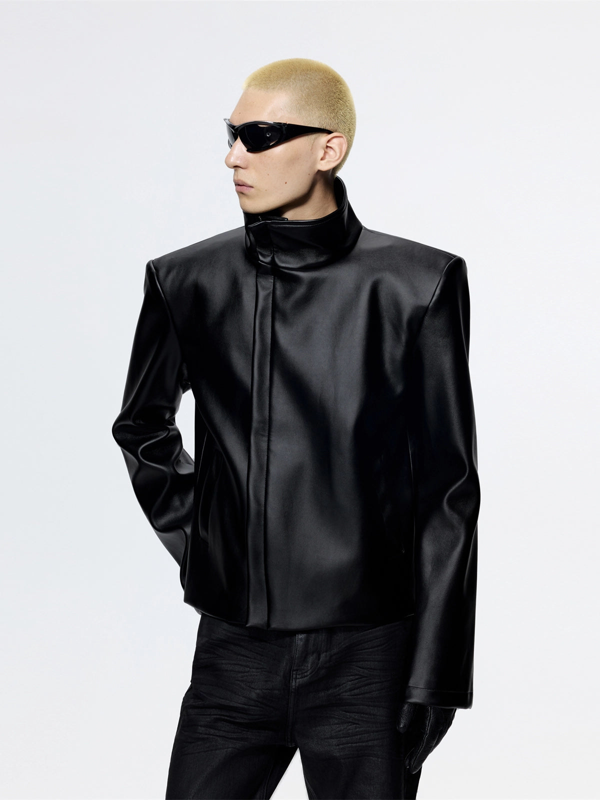 FRKM SCD Stiff Stand Up Collar Cropped Motorcycle Leather Jacket - REGAN.