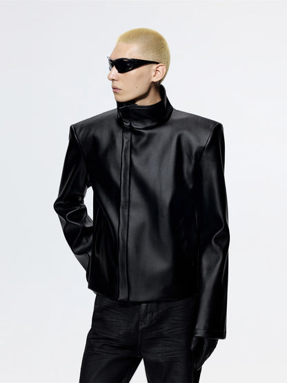 FRKM SCD Stiff Stand Up Collar Cropped Motorcycle Leather Jacket - REGAN.