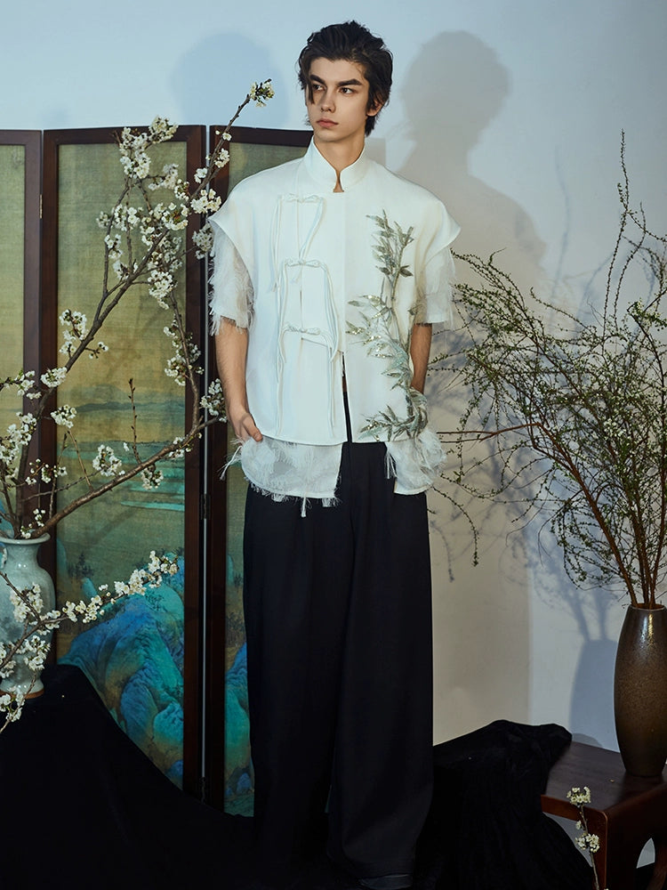 JIECHI  short-sleeved men's orchid embroidery stand-up collar top - JAYLOR.