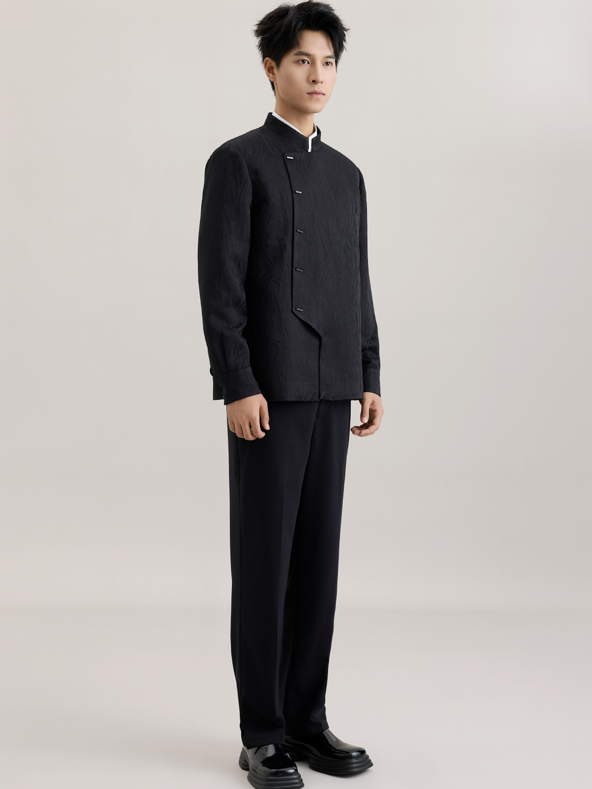 OWNLIFE stand-up collar willow leaf jacquard jacket suit set - DIDI.