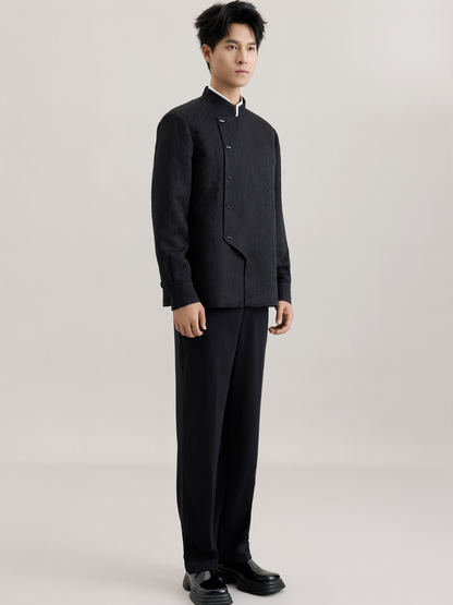 OWNLIFE stand-up collar willow leaf jacquard jacket suit set - DIDI.