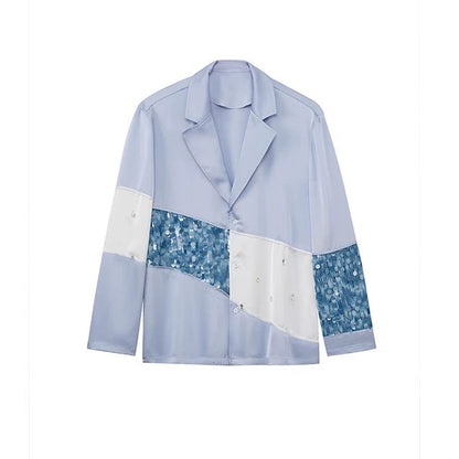JIECHI  blue stitching satin long-sleeved shirt - JEAN.