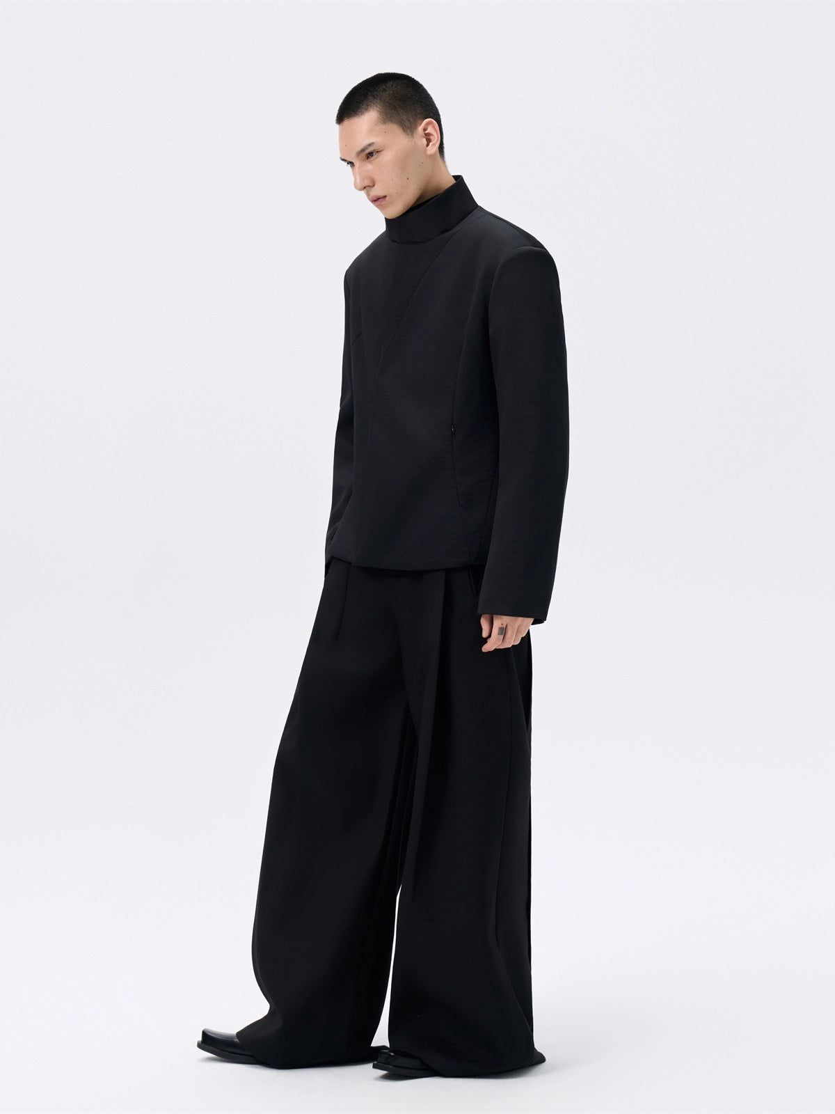 FRKM SCD Cinched Waist Stand Collar Wide Shoulder Black Jacket - GREG.