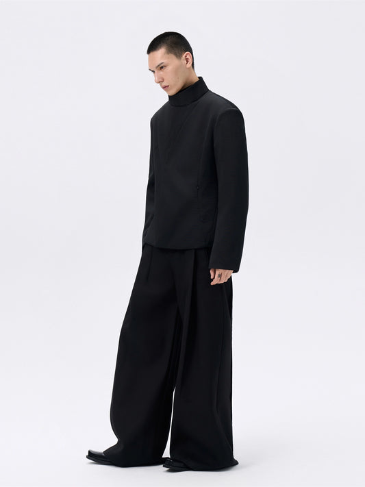 FRKM SCD Cinched Waist Stand Collar Wide Shoulder Black Jacket - GREG.