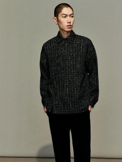 OWNLIFE flowing streamer tweed stand-up collar slinger shirt - SEREPH.