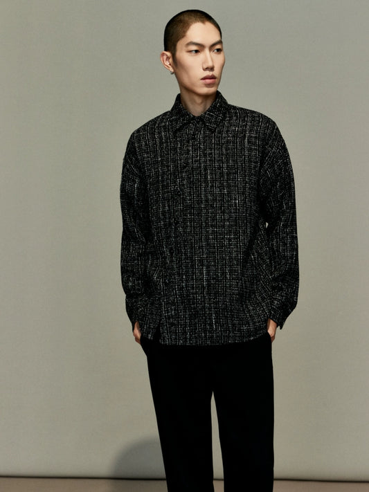 OWNLIFE flowing streamer tweed stand-up collar slinger shirt - SEREPH.