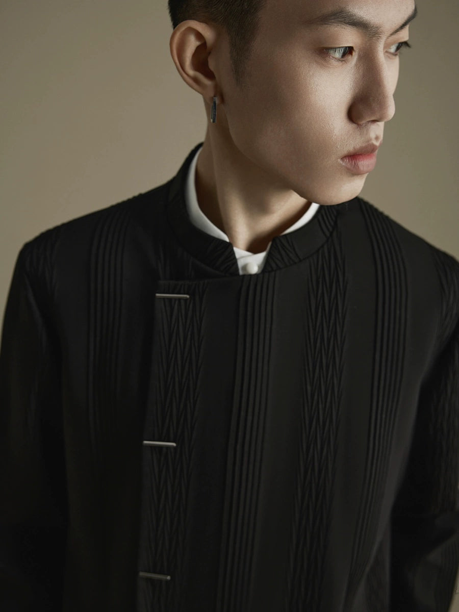 OWNLIFE stand collar placket stripes pressed pleats jacket- JONAH.