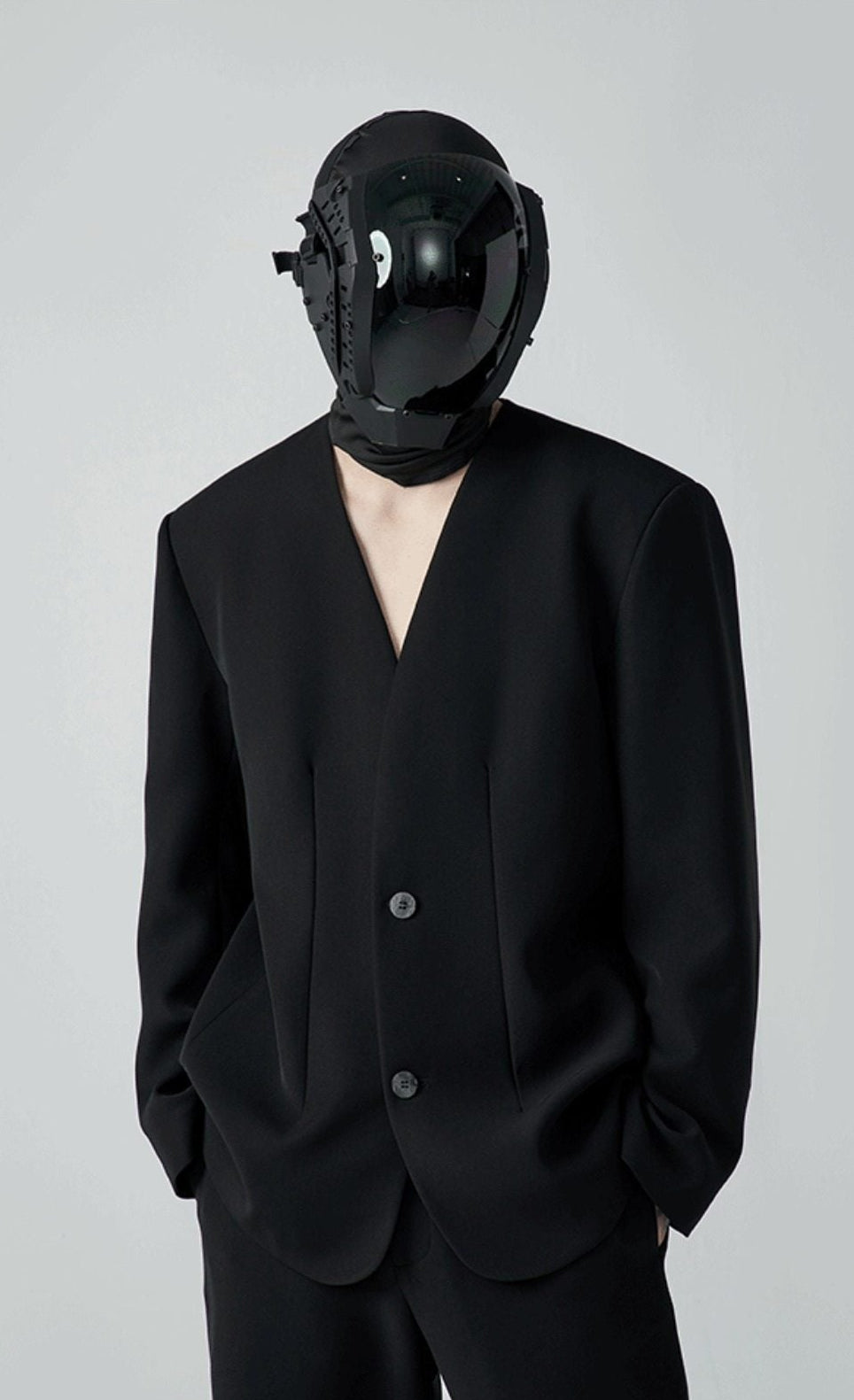 FRKM SC SS Casual Padded Shoulders Collarless Loose Double Button Suit - UNIQUE.