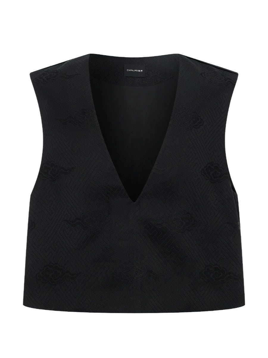 OWNLIFE silk swastika cloud pattern brocade v-neck vest - FAE.