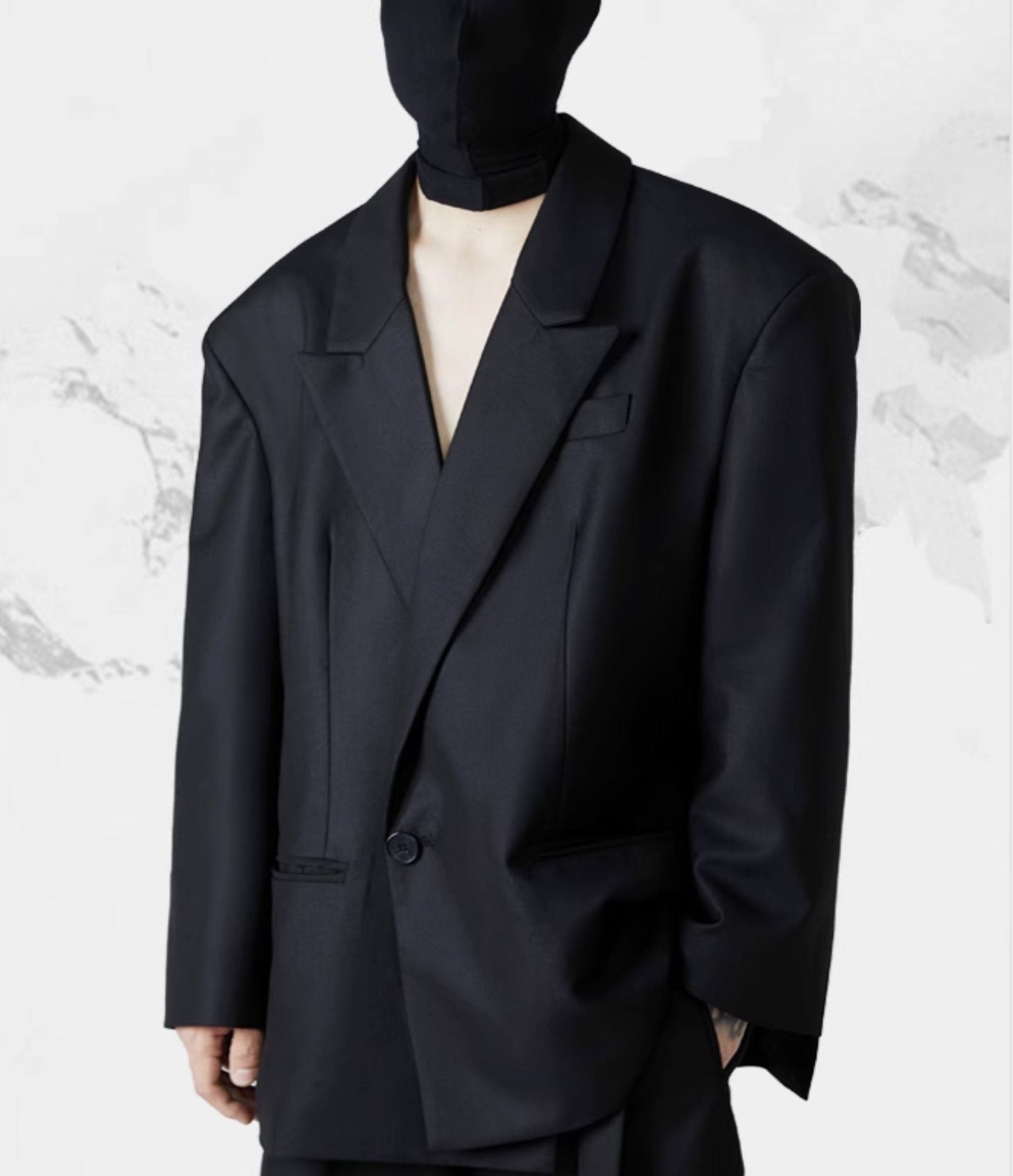 FRKM SCDSS Silhouette Black Padded Shoulders Casual Cropped Drapy Blazer - YORK.