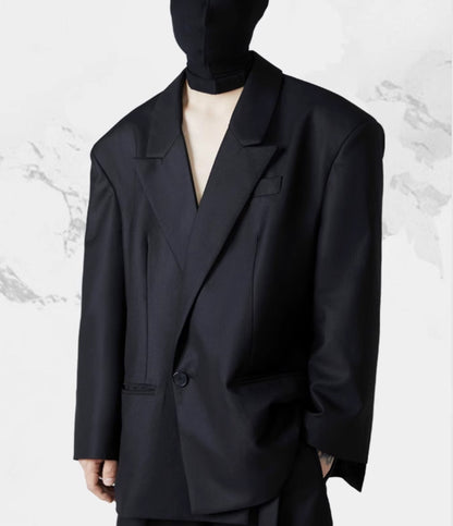 FRKM SCDSS Silhouette Black Padded Shoulders Casual Cropped Drapy Blazer - YORK.