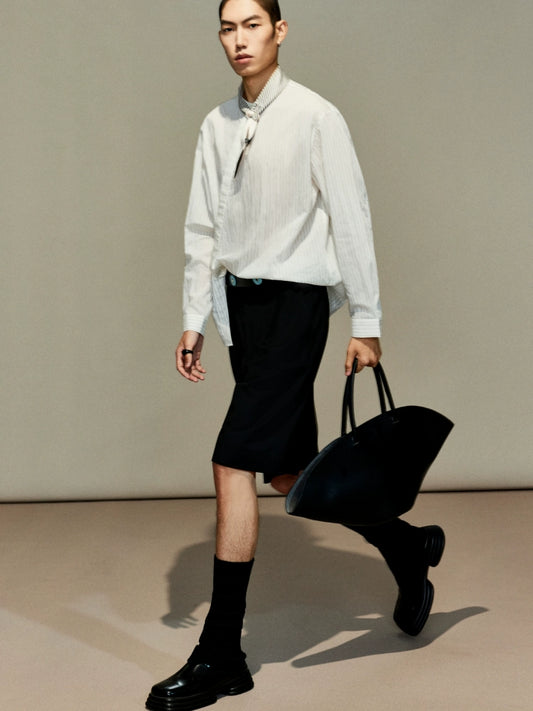 OWNLIFE Tencel striped shirt stand-up collar placket slightly dropped shoulders men's cool summer style - TREY