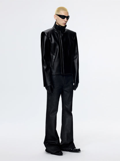 FRKM SCD Stiff Stand Up Collar Cropped Motorcycle Leather Jacket - REGAN.