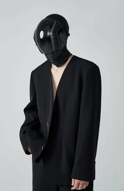 FRKM SC SS Casual Padded Shoulders Collarless Loose Double Button Suit - UNIQUE.