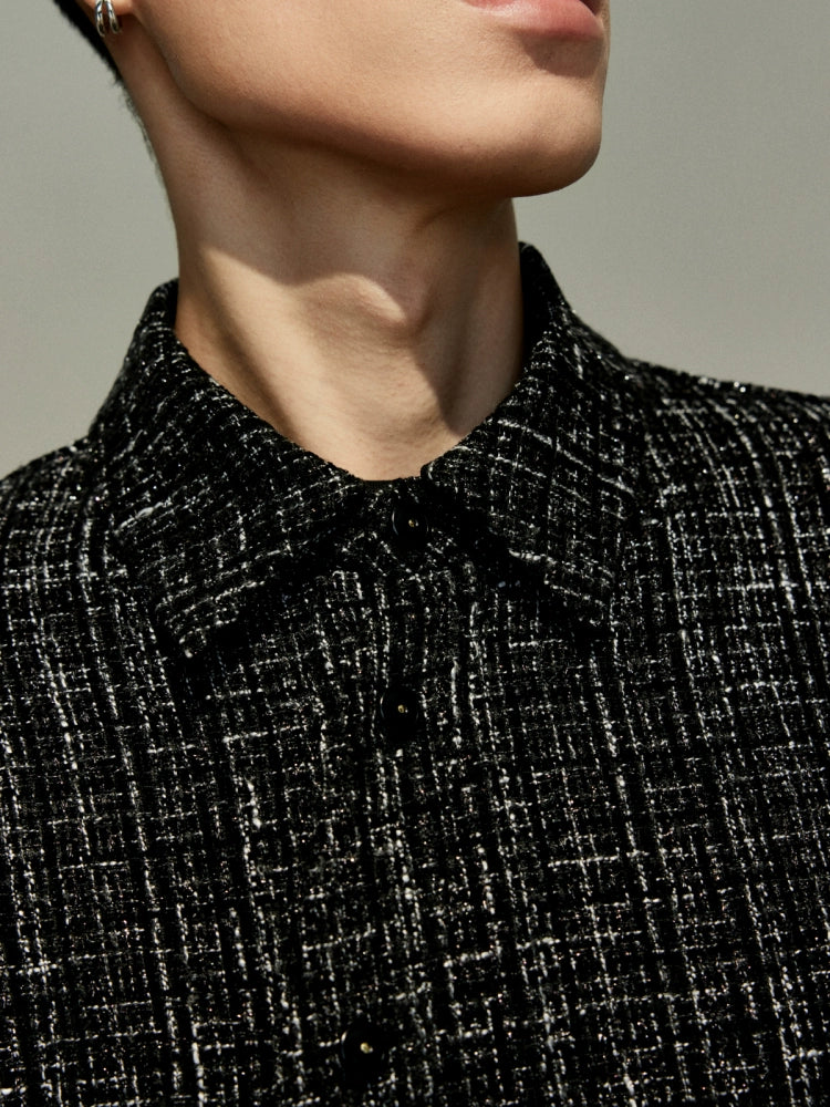 OWNLIFE flowing streamer tweed stand-up collar slinger shirt - SEREPH.